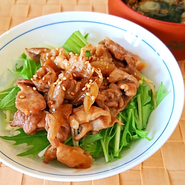 水菜と豚肉炒めの丼